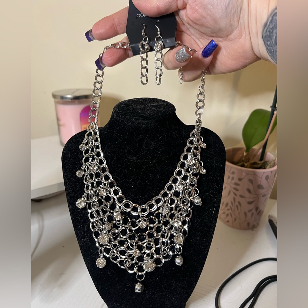 paparazzi Silver-Tone Multi-Row Chain Necklace with Crystal Drops